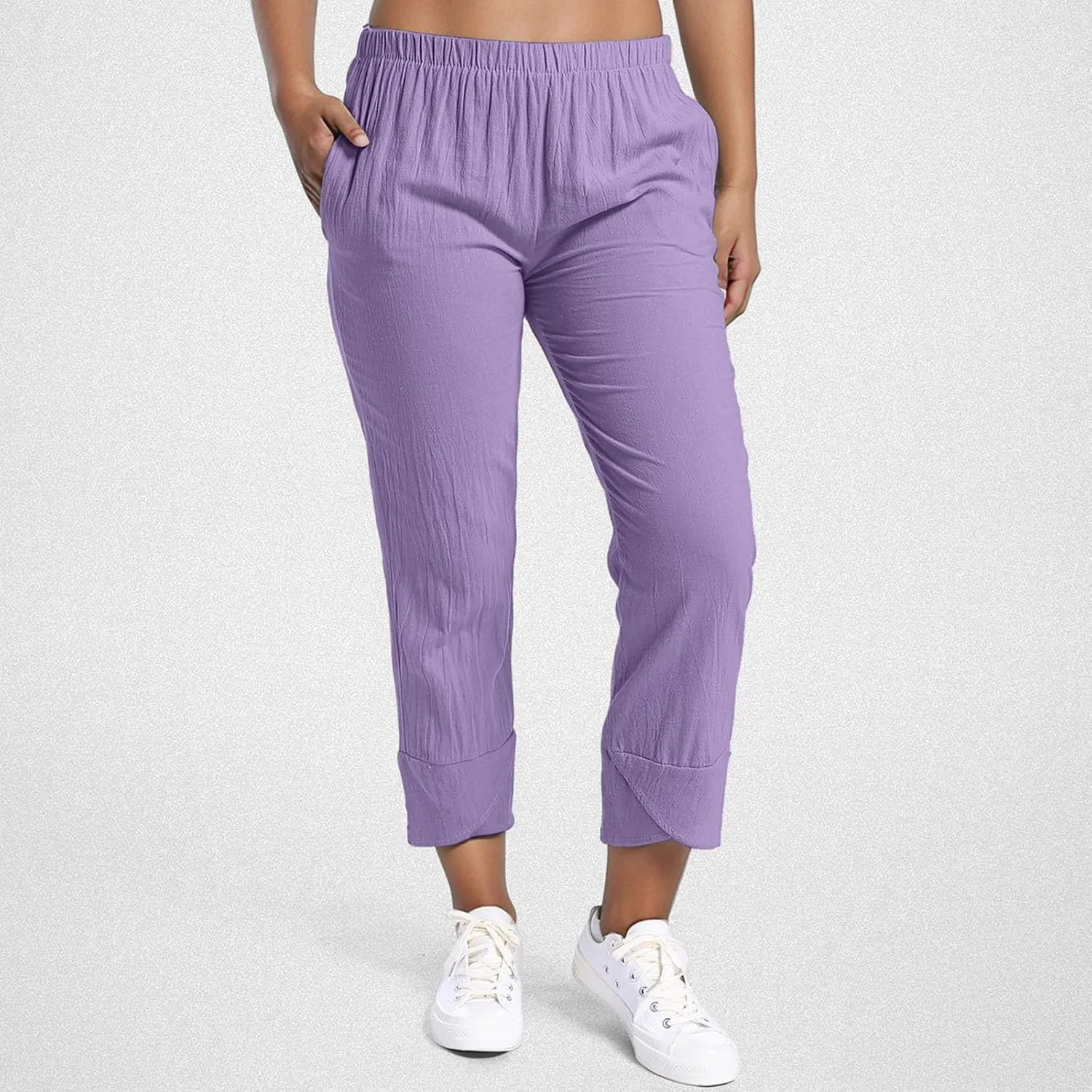 Women's Casual Pants 2025 Summer Tulip Hem Elastic Waist Straight-Leg Soft Loose Pants Baggy Trousers with Pockets