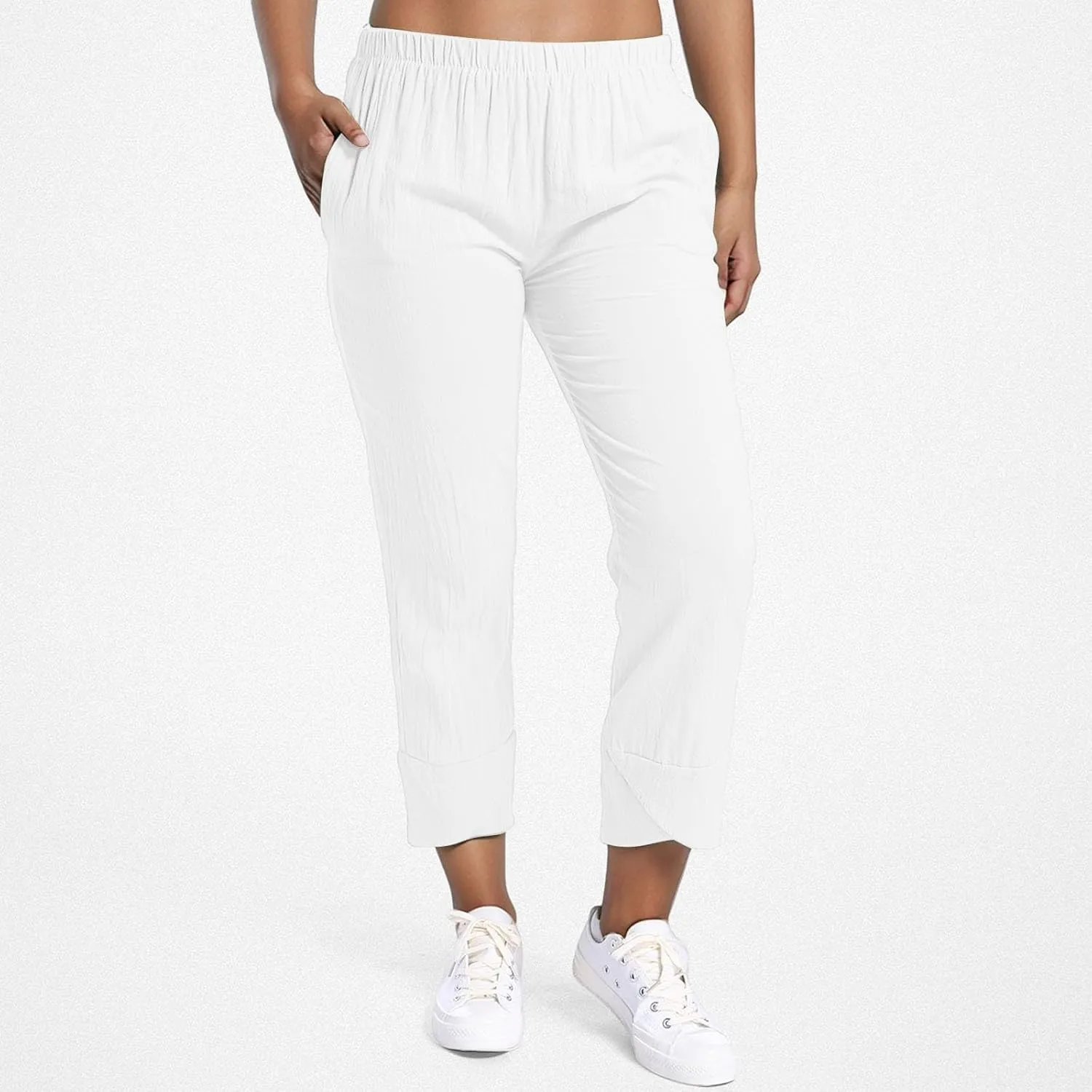 Women's Casual Pants 2025 Summer Tulip Hem Elastic Waist Straight-Leg Soft Loose Pants Baggy Trousers with Pockets