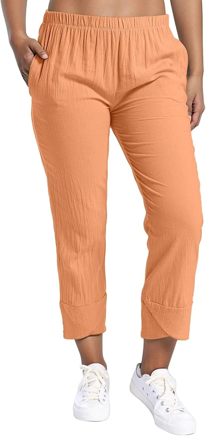 Women's Casual Pants 2025 Summer Tulip Hem Elastic Waist Straight-Leg Soft Loose Pants Baggy Trousers with Pockets