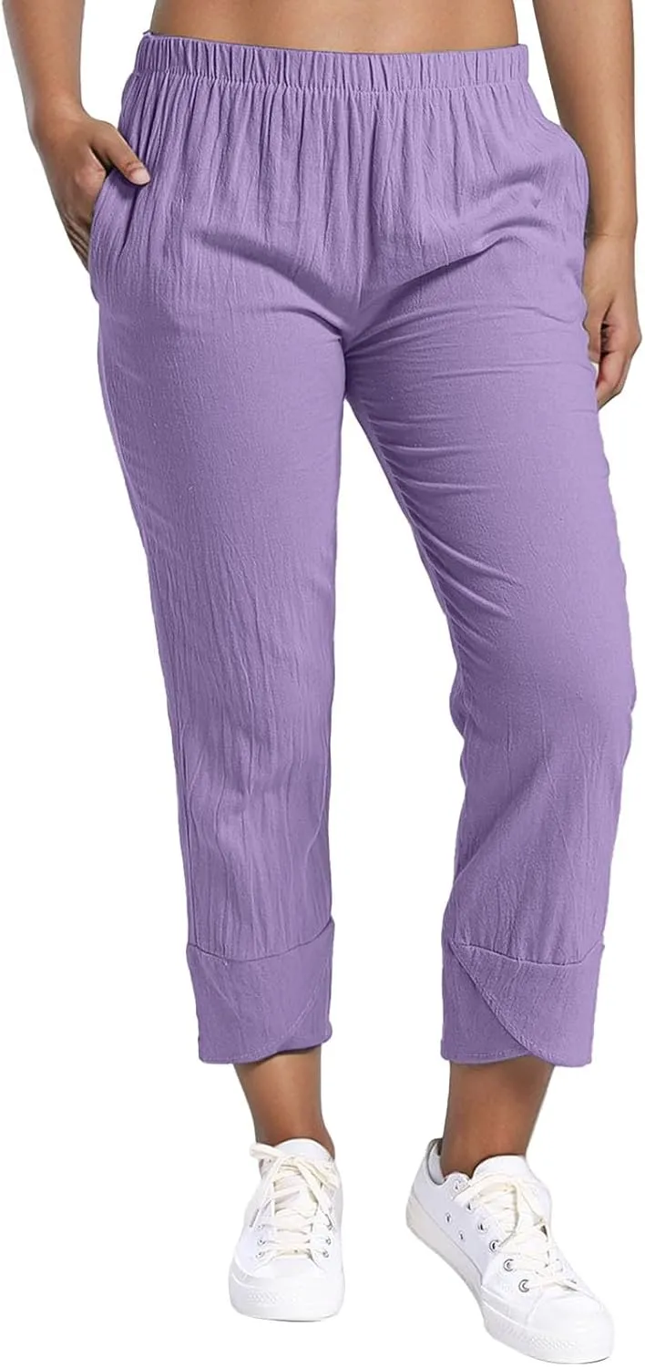 Women's Casual Pants 2025 Summer Tulip Hem Elastic Waist Straight-Leg Soft Loose Pants Baggy Trousers with Pockets