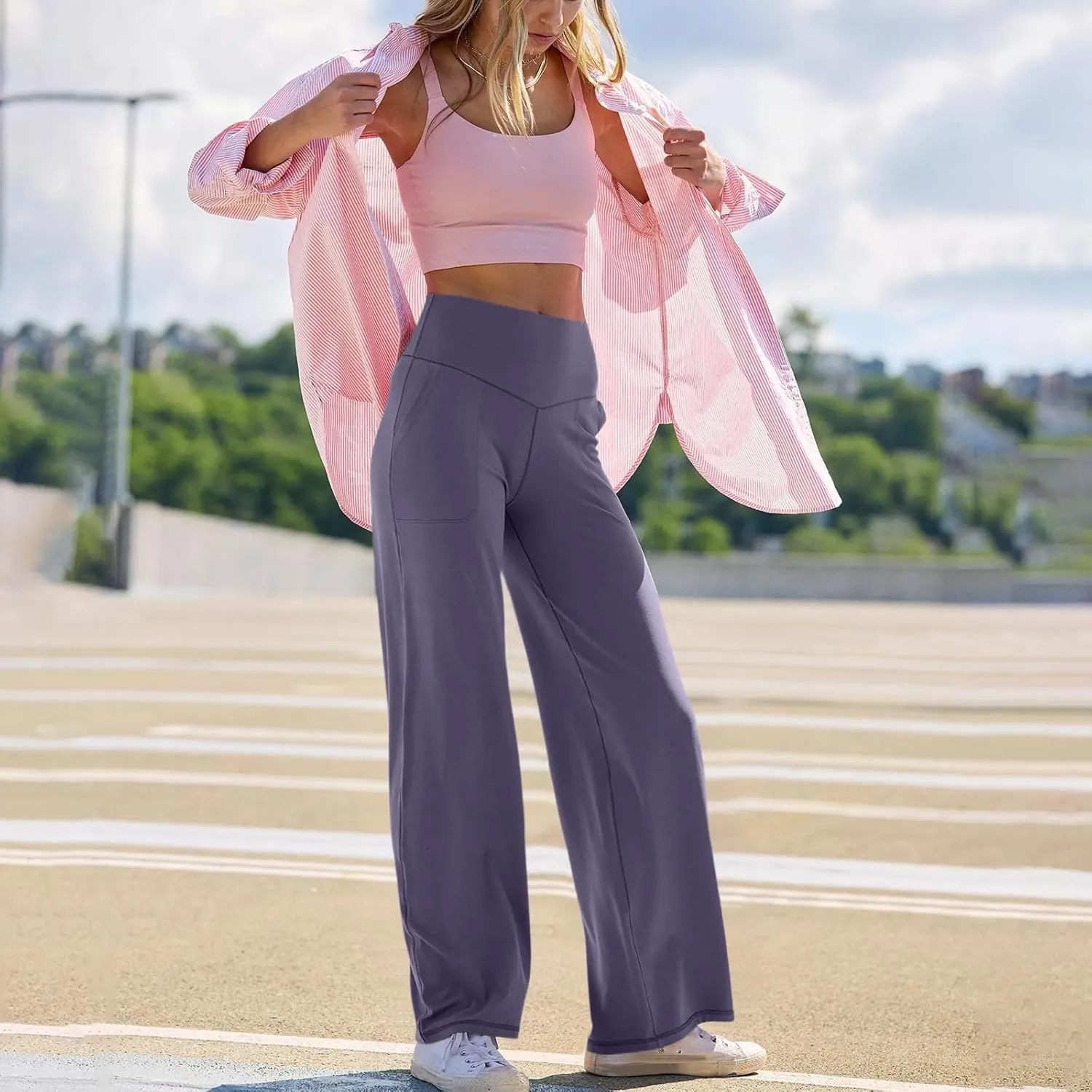 Womens High Waist Yoga Pants Wide Leg Lightweight Buttery Soft Sports Joggers Trousers Pocket Casual Dressy Slacks