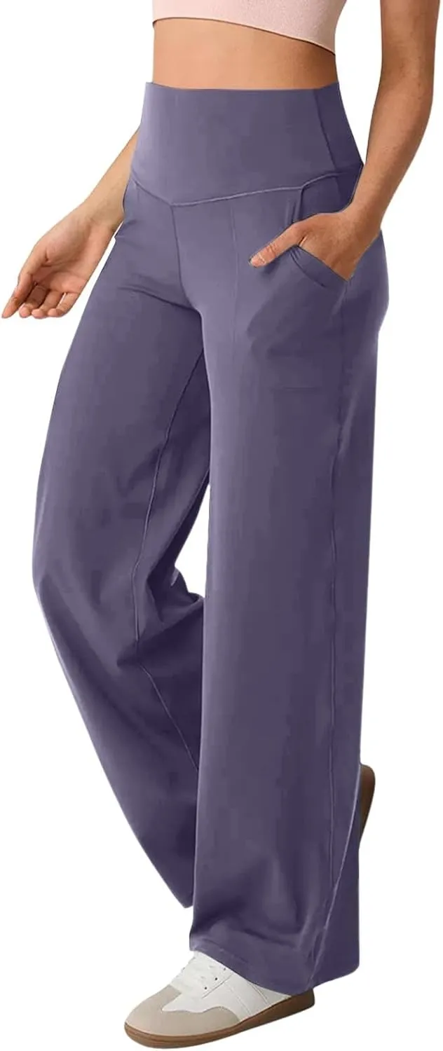 Womens High Waist Yoga Pants Wide Leg Lightweight Buttery Soft Sports Joggers Trousers Pocket Casual Dressy Slacks