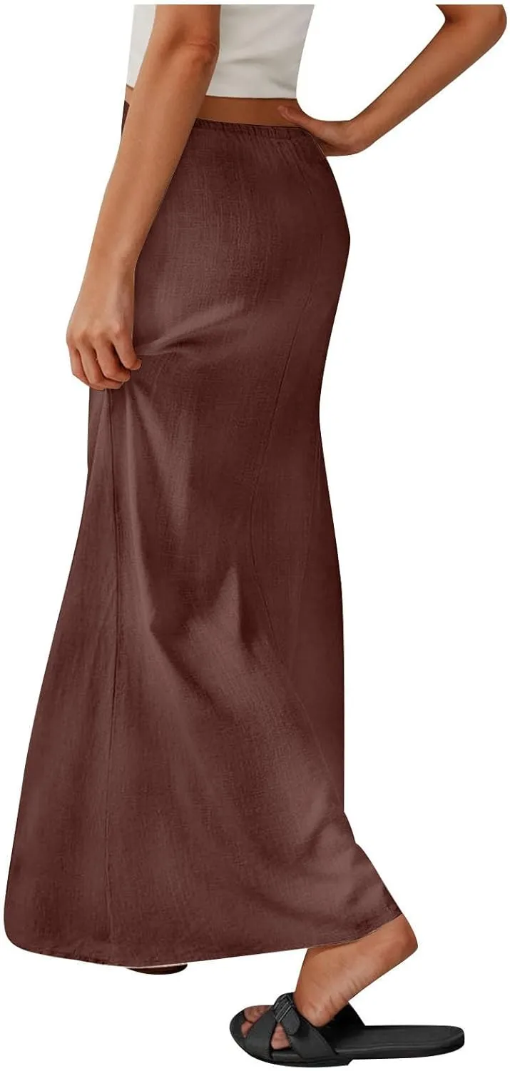 Womens Maxi Skirt Casual Flowy Drawstring High Waist Flowy Long Skirts Summer Beach Vacation Outfits Clothes