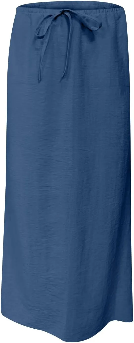 Womens Maxi Skirt Casual Flowy Drawstring High Waist Flowy Long Skirts Summer Beach Vacation Outfits Clothes