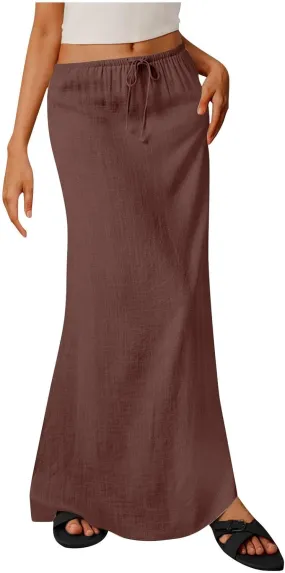 Womens Maxi Skirt Casual Flowy Drawstring High Waist Flowy Long Skirts Summer Beach Vacation Outfits Clothes