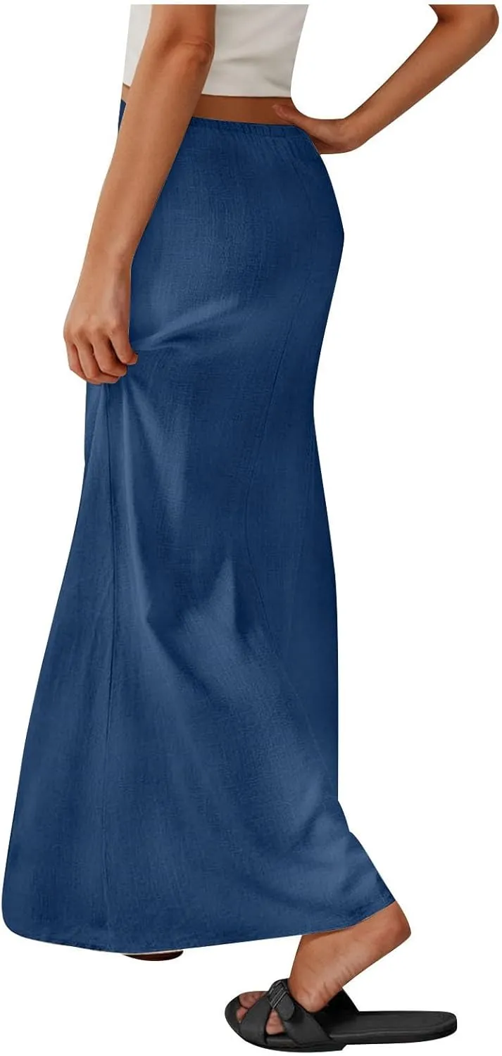 Womens Maxi Skirt Casual Flowy Drawstring High Waist Flowy Long Skirts Summer Beach Vacation Outfits Clothes
