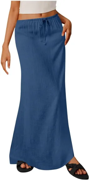 Womens Maxi Skirt Casual Flowy Drawstring High Waist Flowy Long Skirts Summer Beach Vacation Outfits Clothes