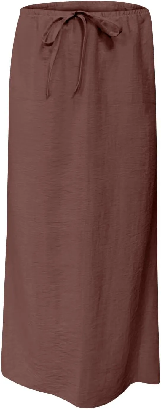 Womens Maxi Skirt Casual Flowy Drawstring High Waist Flowy Long Skirts Summer Beach Vacation Outfits Clothes