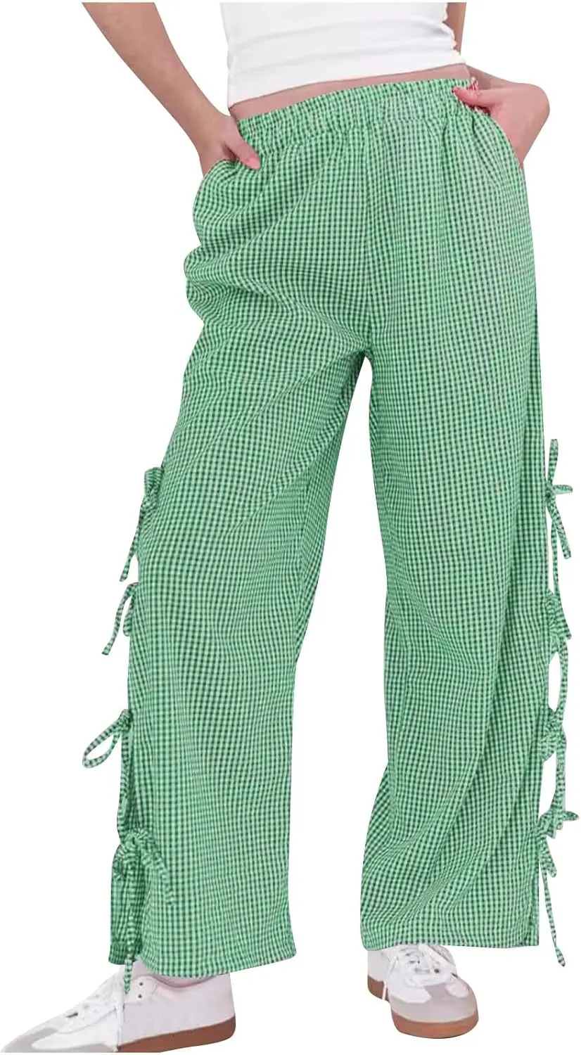 Women's Plaid Printed Wide Leg Straight Pants Lace Up Elastic Waist Trousers Fashion Soft Pants with Pockets