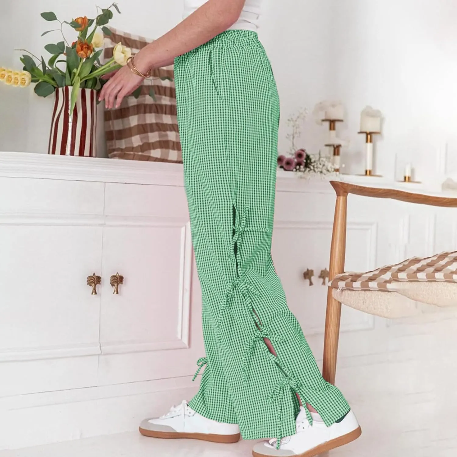 Women's Plaid Printed Wide Leg Straight Pants Lace Up Elastic Waist Trousers Fashion Soft Pants with Pockets