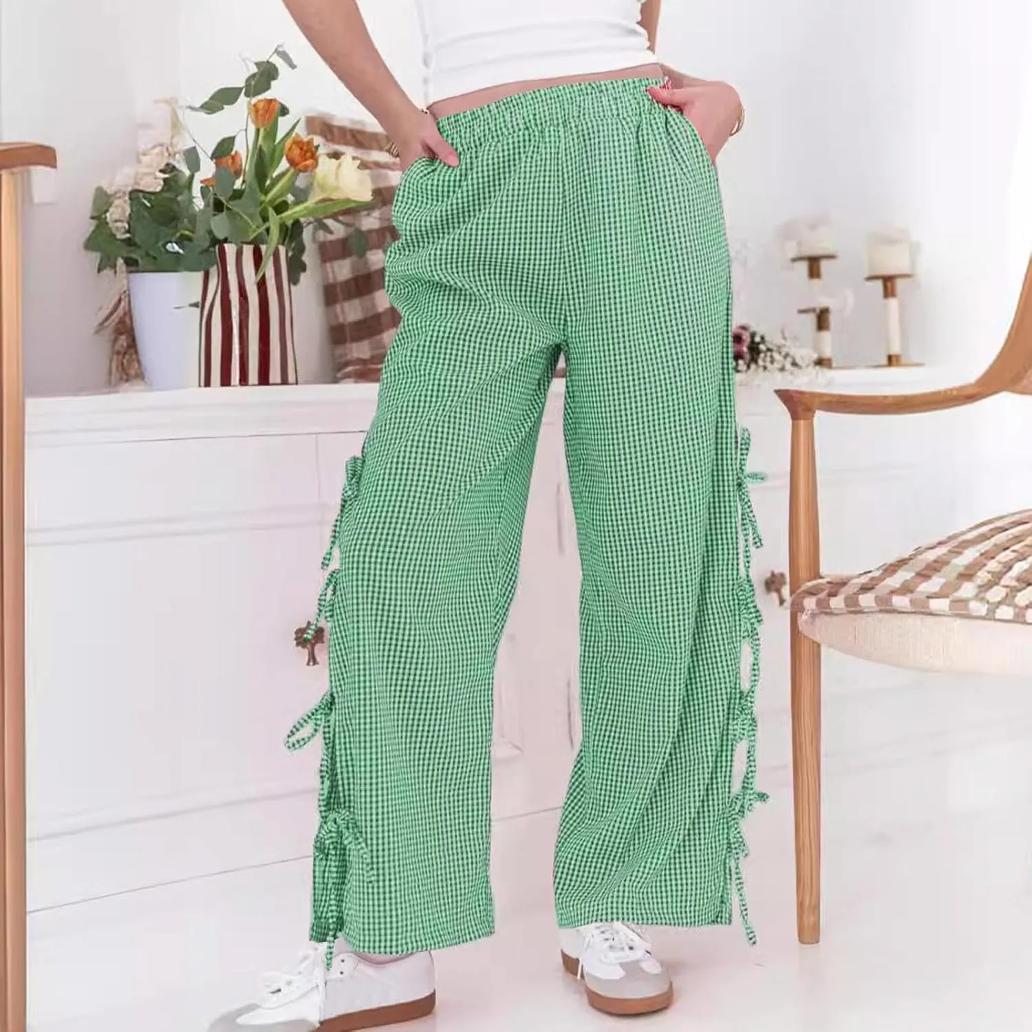 Women's Plaid Printed Wide Leg Straight Pants Lace Up Elastic Waist Trousers Fashion Soft Pants with Pockets