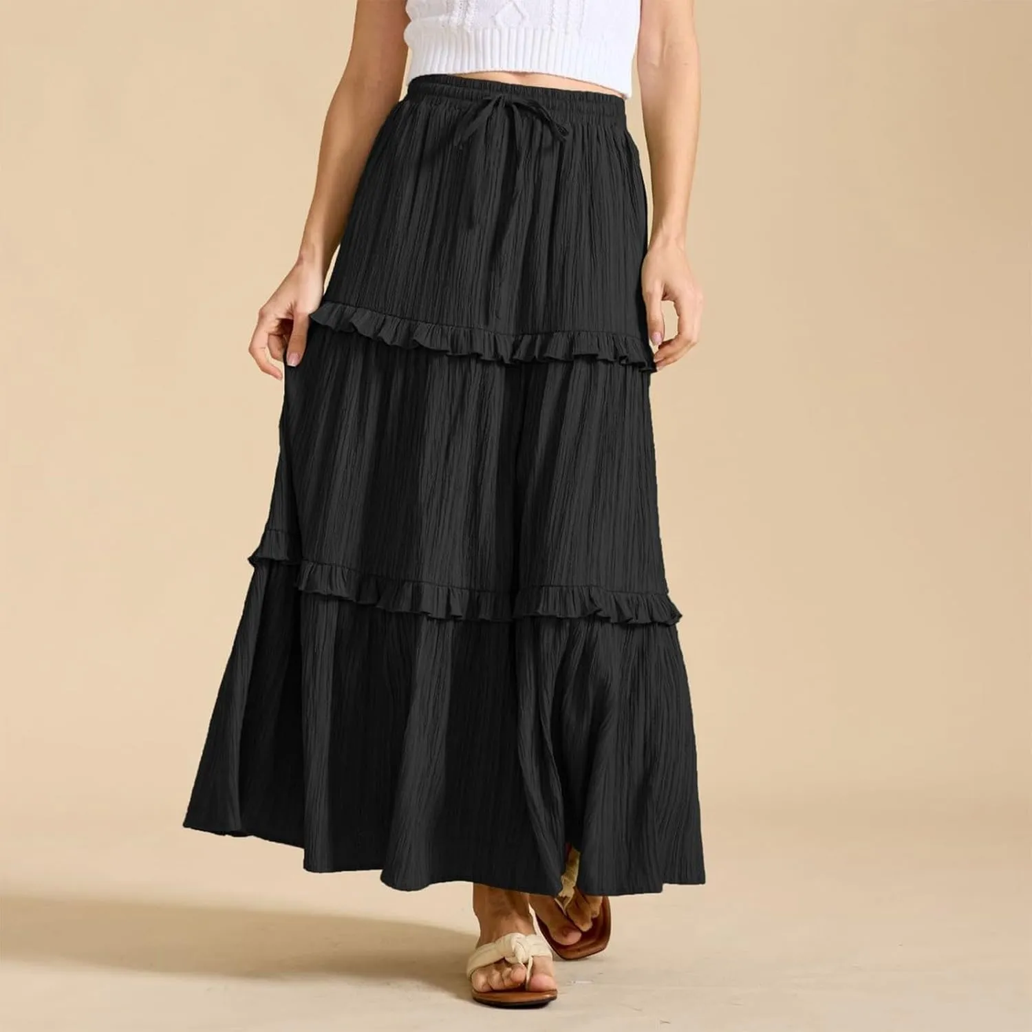 Women's Plus Size Maxi Skirt High Waisted Pleated A Line Flowy Tiered Long Skirts with Pockets 2025 Trendy