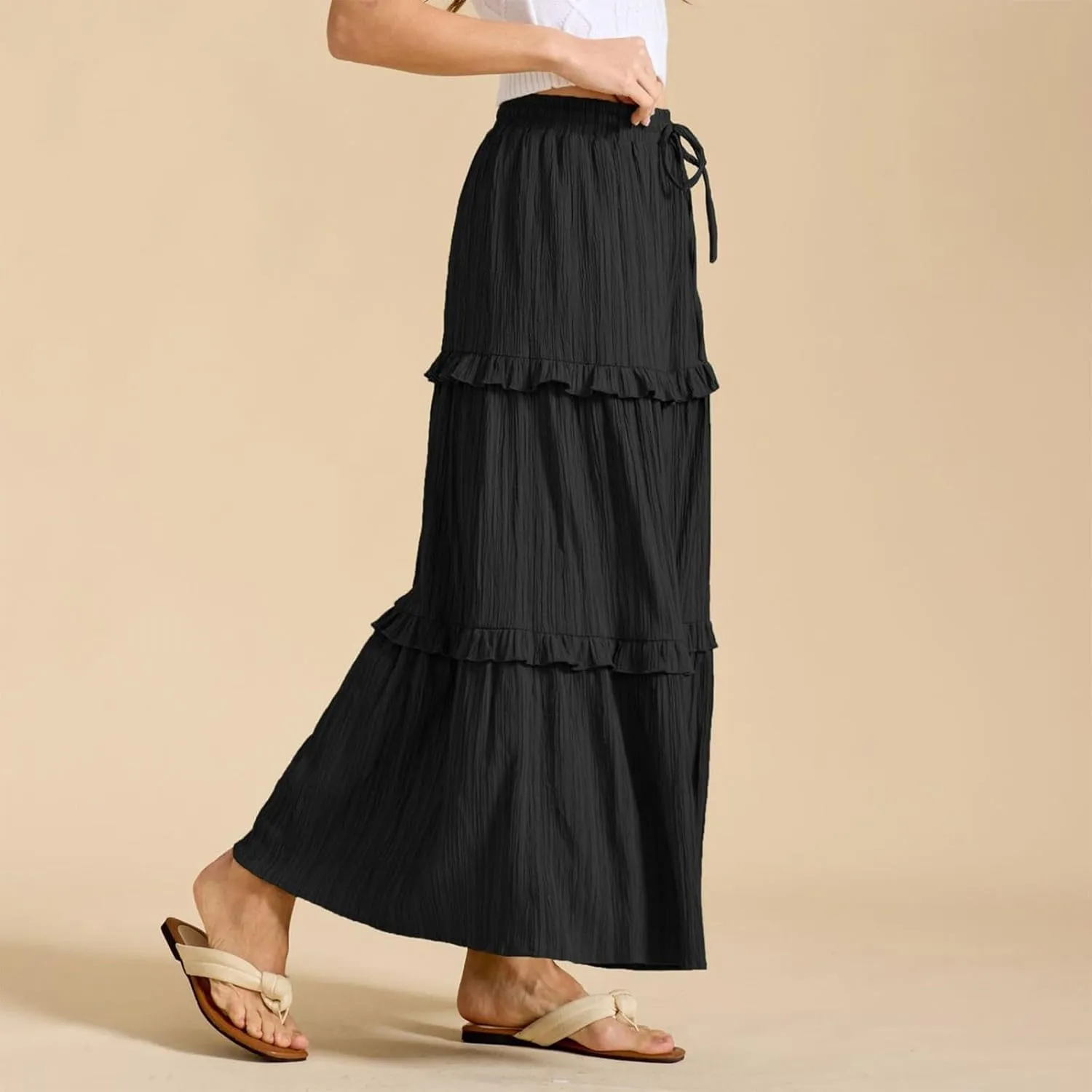 Women's Plus Size Maxi Skirt High Waisted Pleated A Line Flowy Tiered Long Skirts with Pockets 2025 Trendy