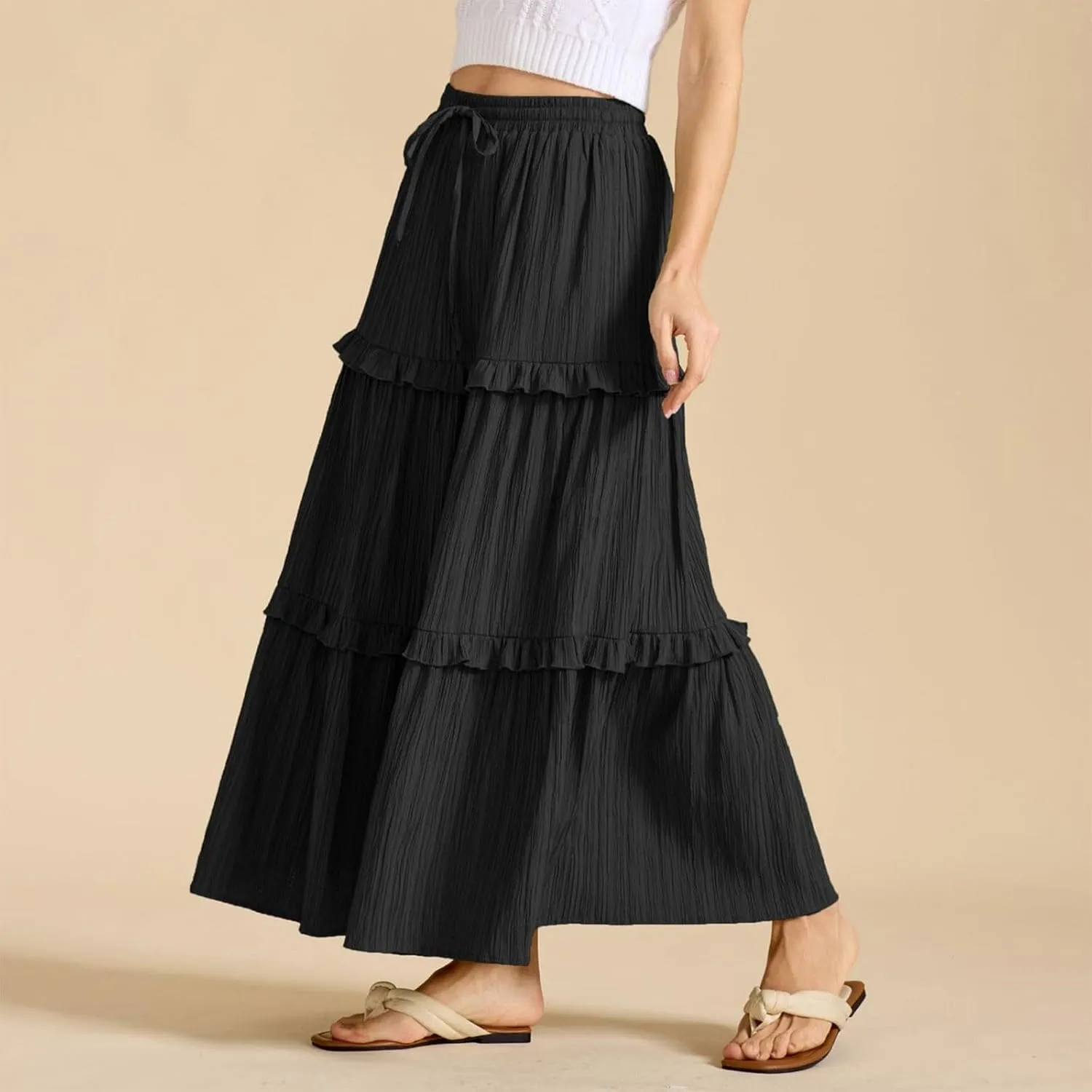Women's Plus Size Maxi Skirt High Waisted Pleated A Line Flowy Tiered Long Skirts with Pockets 2025 Trendy