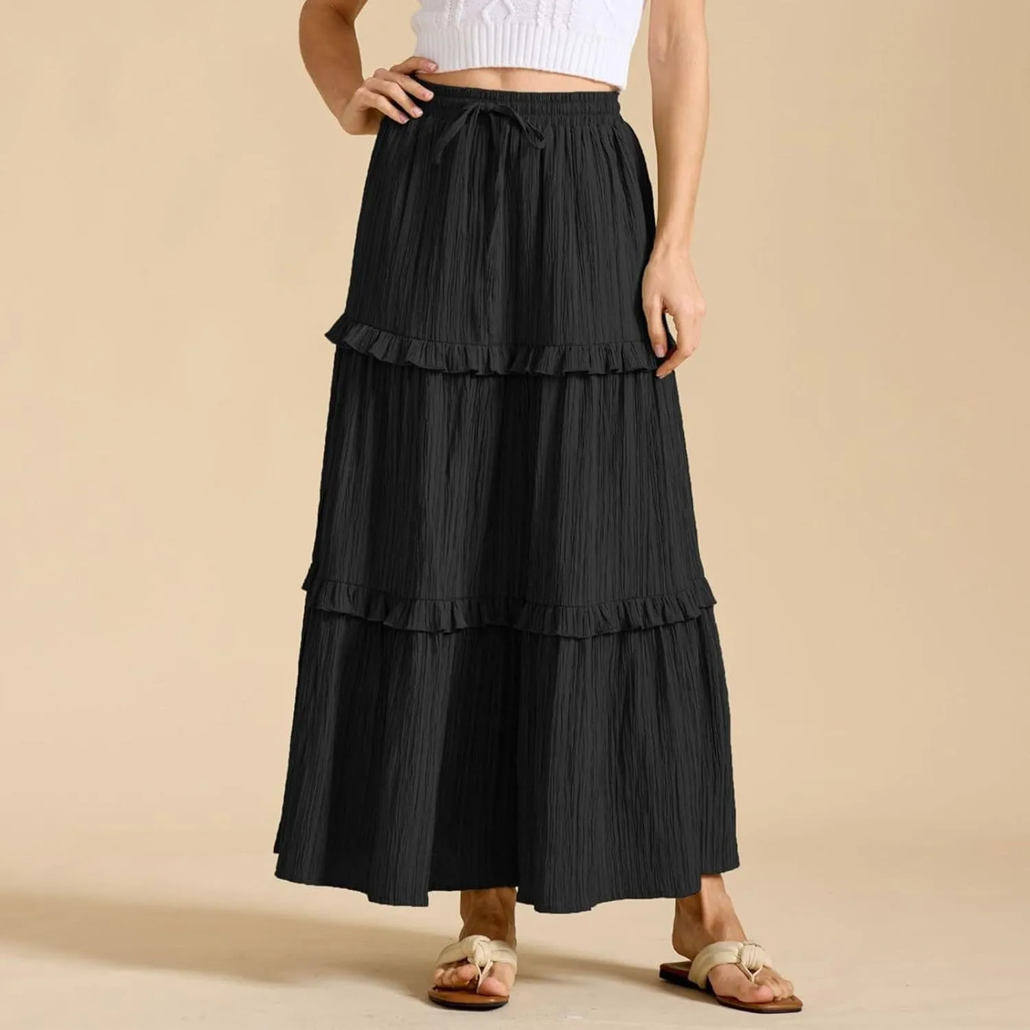 Women's Plus Size Maxi Skirt High Waisted Pleated A Line Flowy Tiered Long Skirts with Pockets 2025 Trendy