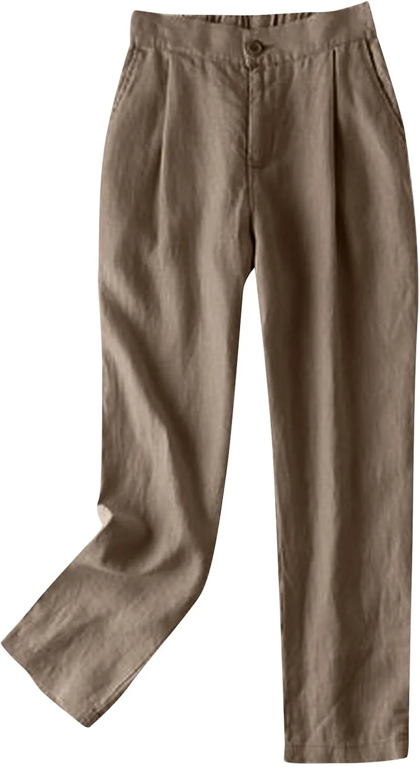 Women's Pure Cotton Linen Capris Loose Elastic Crop Trousers Soft Lightweight Casual Straight Legs Pants Sweatpant
