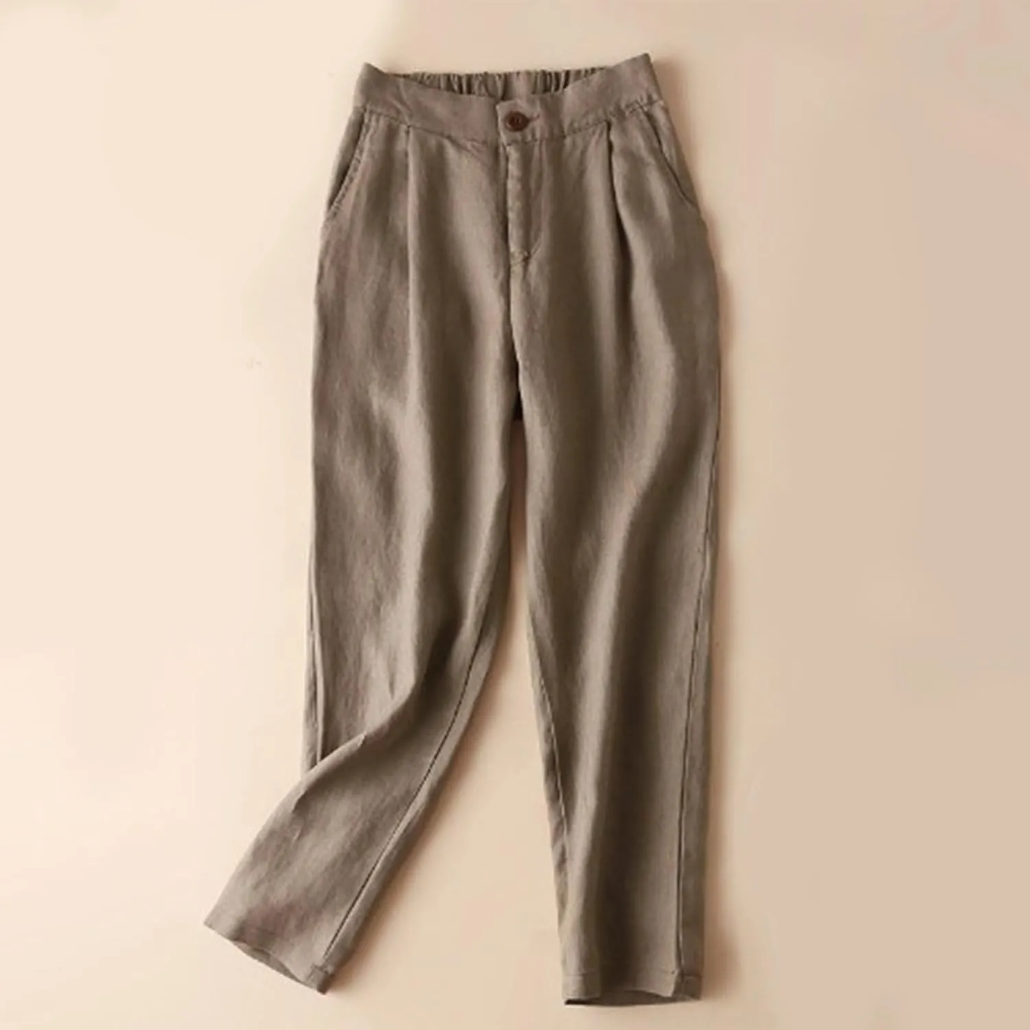 Women's Pure Cotton Linen Capris Loose Elastic Crop Trousers Soft Lightweight Casual Straight Legs Pants Sweatpant