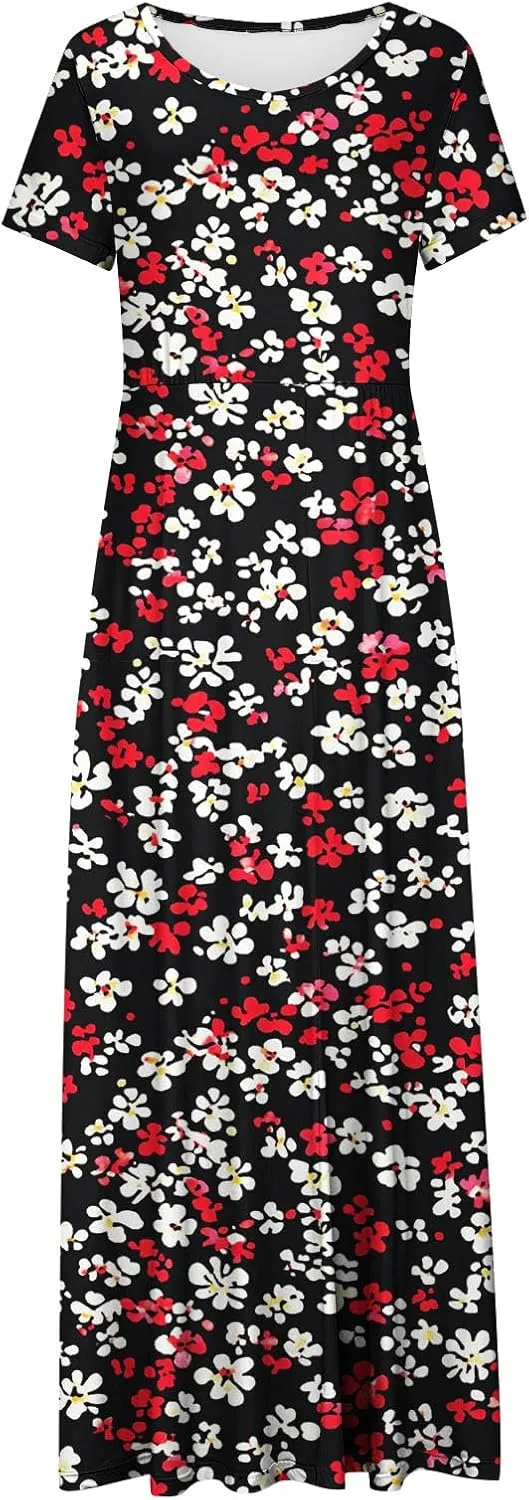 Women's Short Sleeve Boho Maxi Dresses Summer Causal Empire Waist Long Dress Wedding Guest Cocktail Party Swing Dress