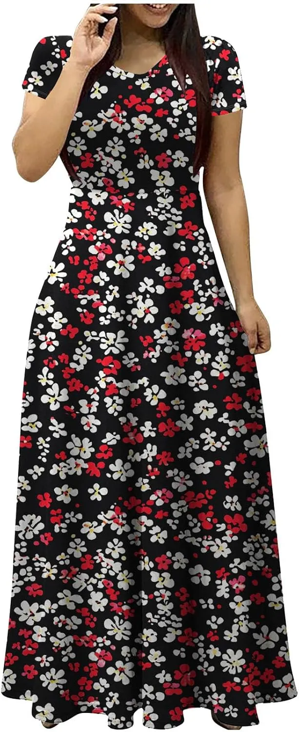 Women's Short Sleeve Boho Maxi Dresses Summer Causal Empire Waist Long Dress Wedding Guest Cocktail Party Swing Dress