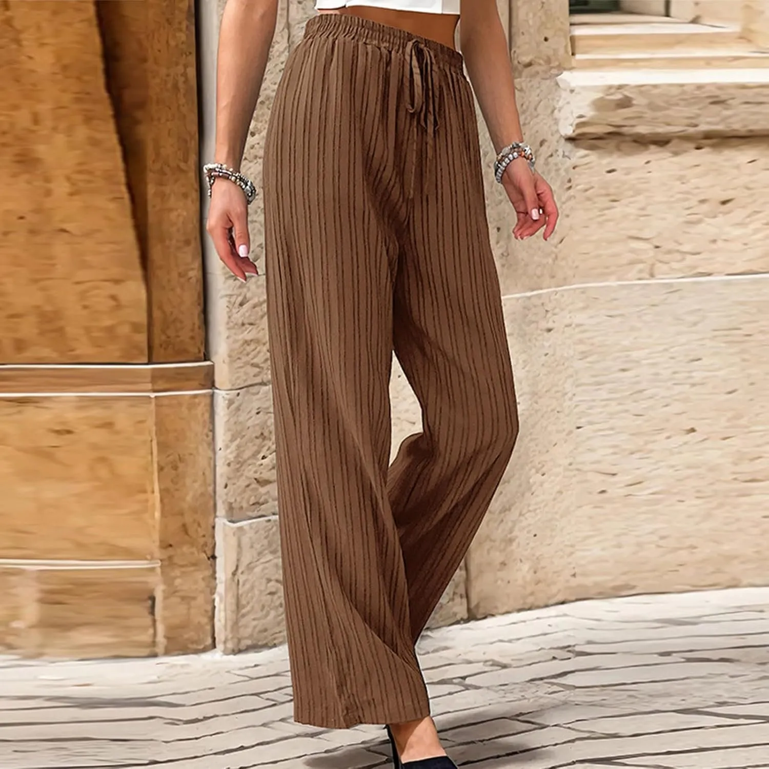 Womens Striped Drawstring Elastic Waist Trousers Casual Soft Wide Leg Pants Loose Straight Leg Pants with Pockets