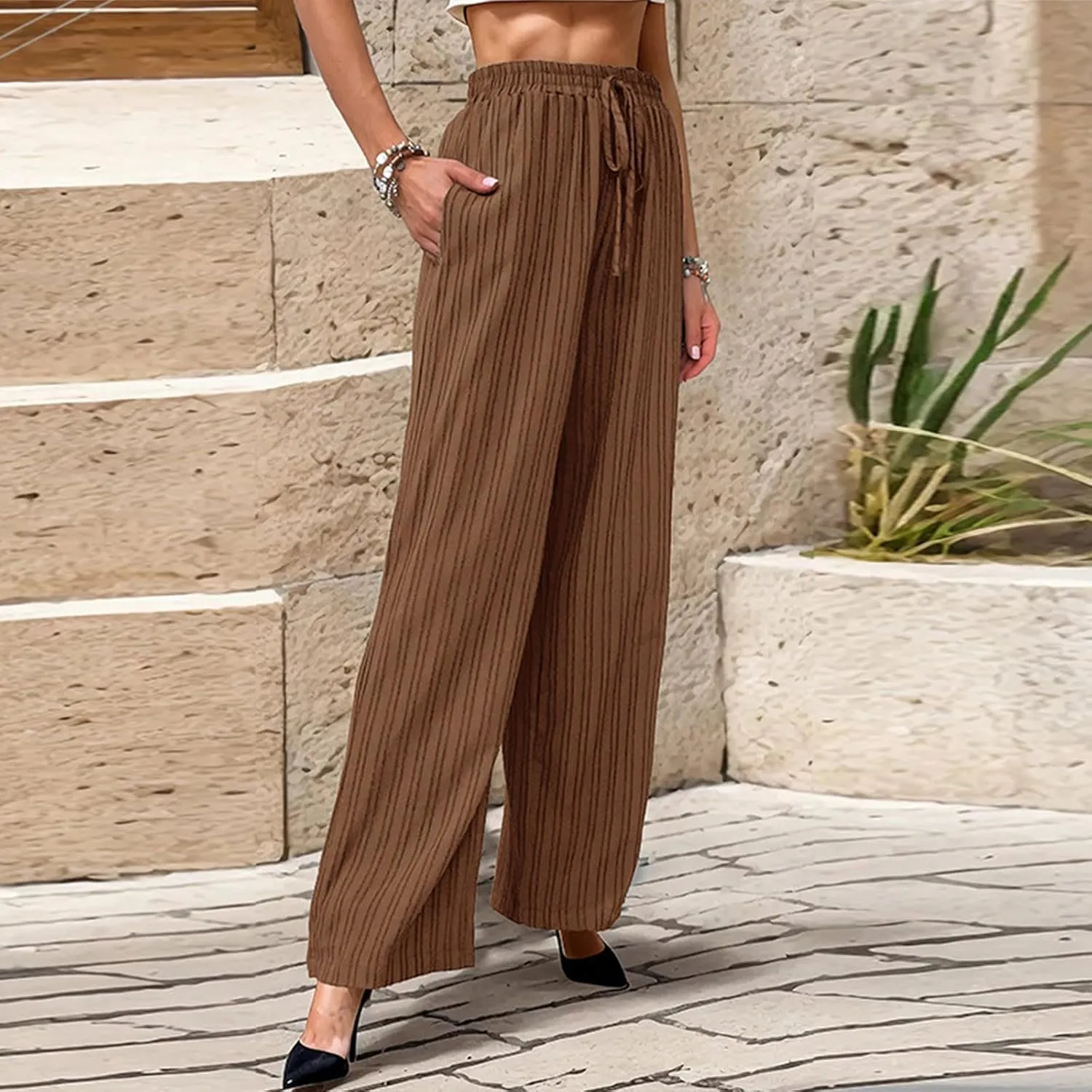 Womens Striped Drawstring Elastic Waist Trousers Casual Soft Wide Leg Pants Loose Straight Leg Pants with Pockets