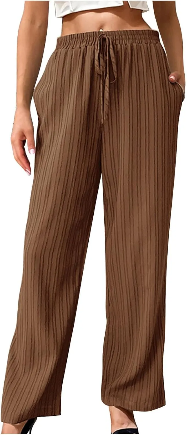 Womens Striped Drawstring Elastic Waist Trousers Casual Soft Wide Leg Pants Loose Straight Leg Pants with Pockets