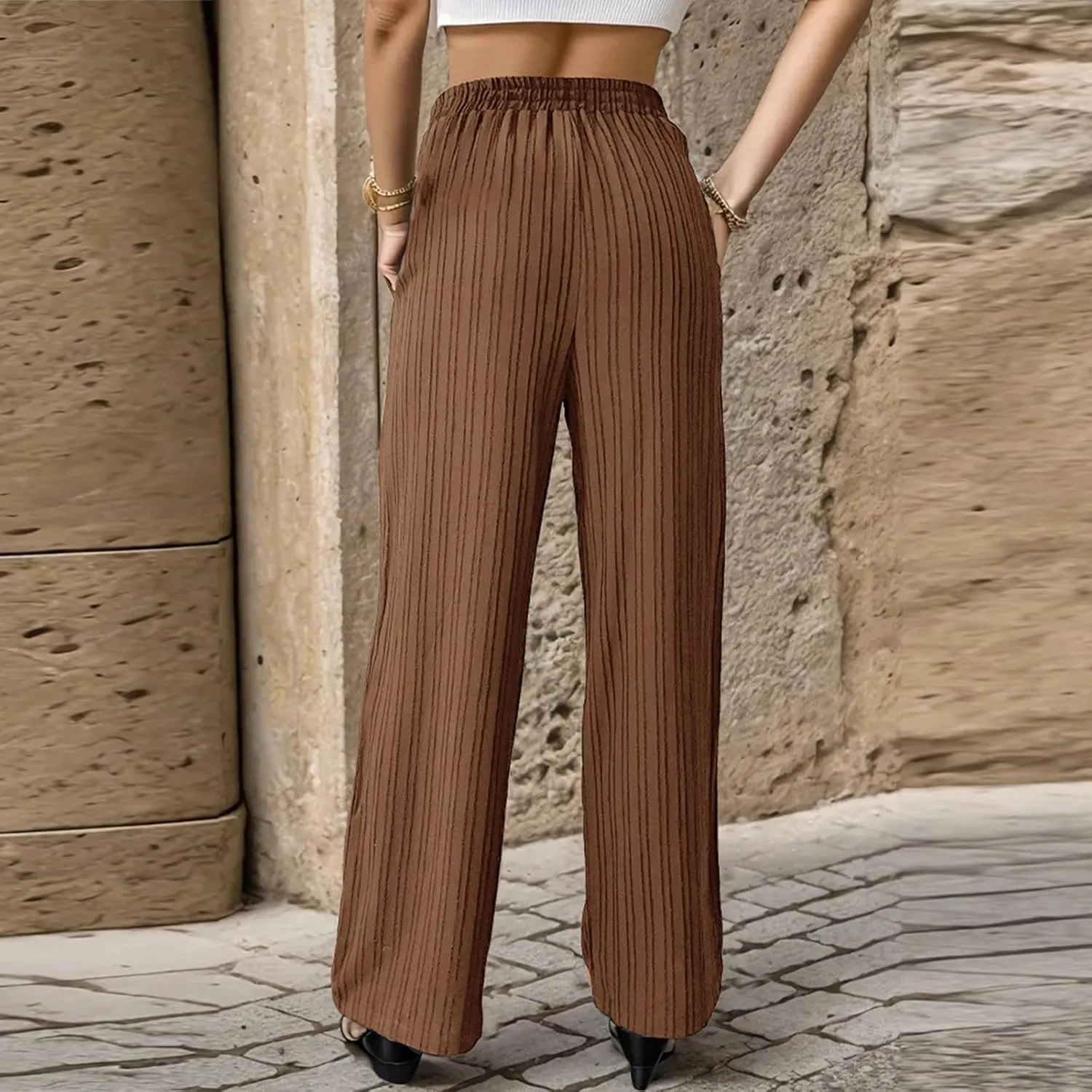 Womens Striped Drawstring Elastic Waist Trousers Casual Soft Wide Leg Pants Loose Straight Leg Pants with Pockets