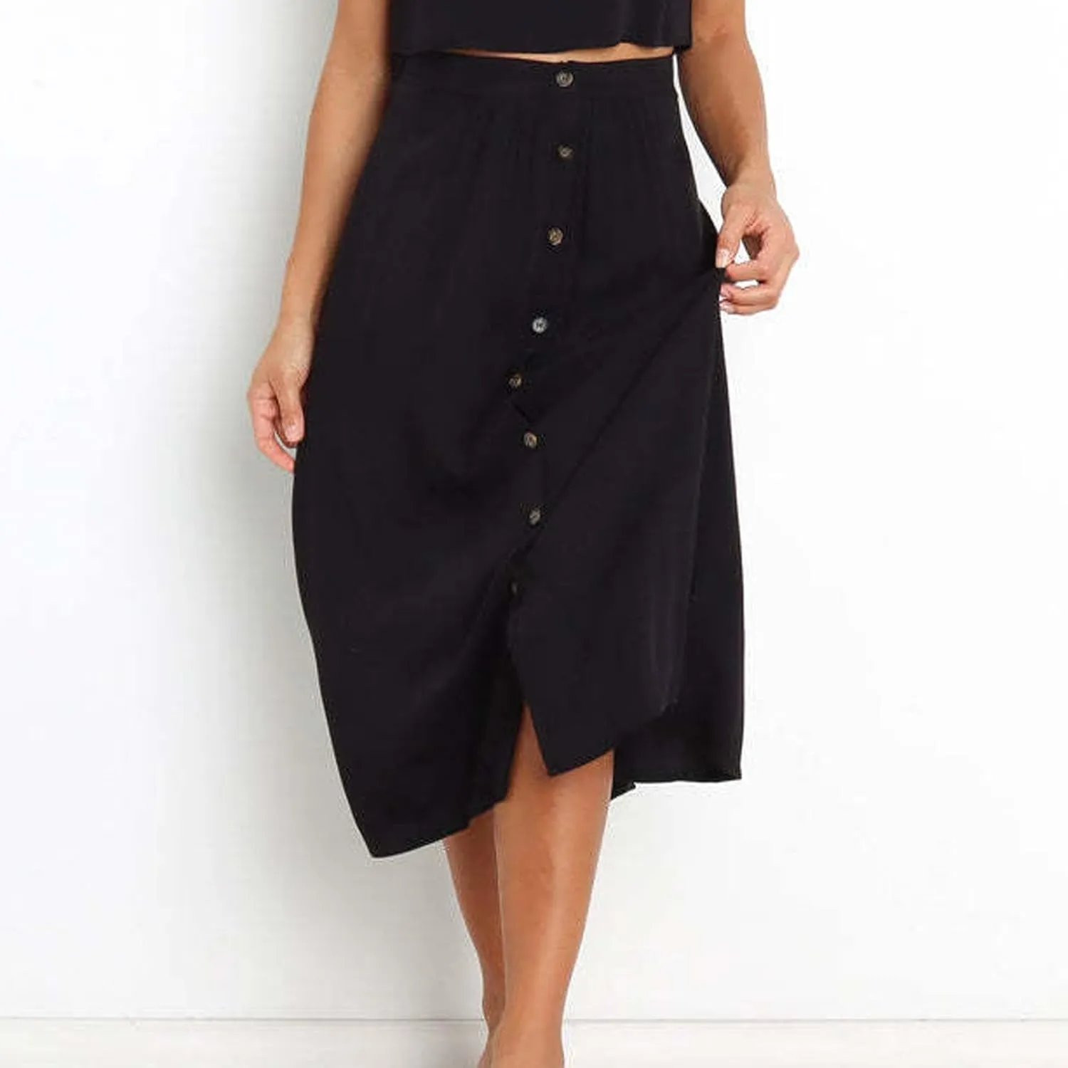Womens Summer Button Maxi Skirt Boho A-Line Flowy Elastic High Waist Beach Long Skirts with Pockets Loose Fit