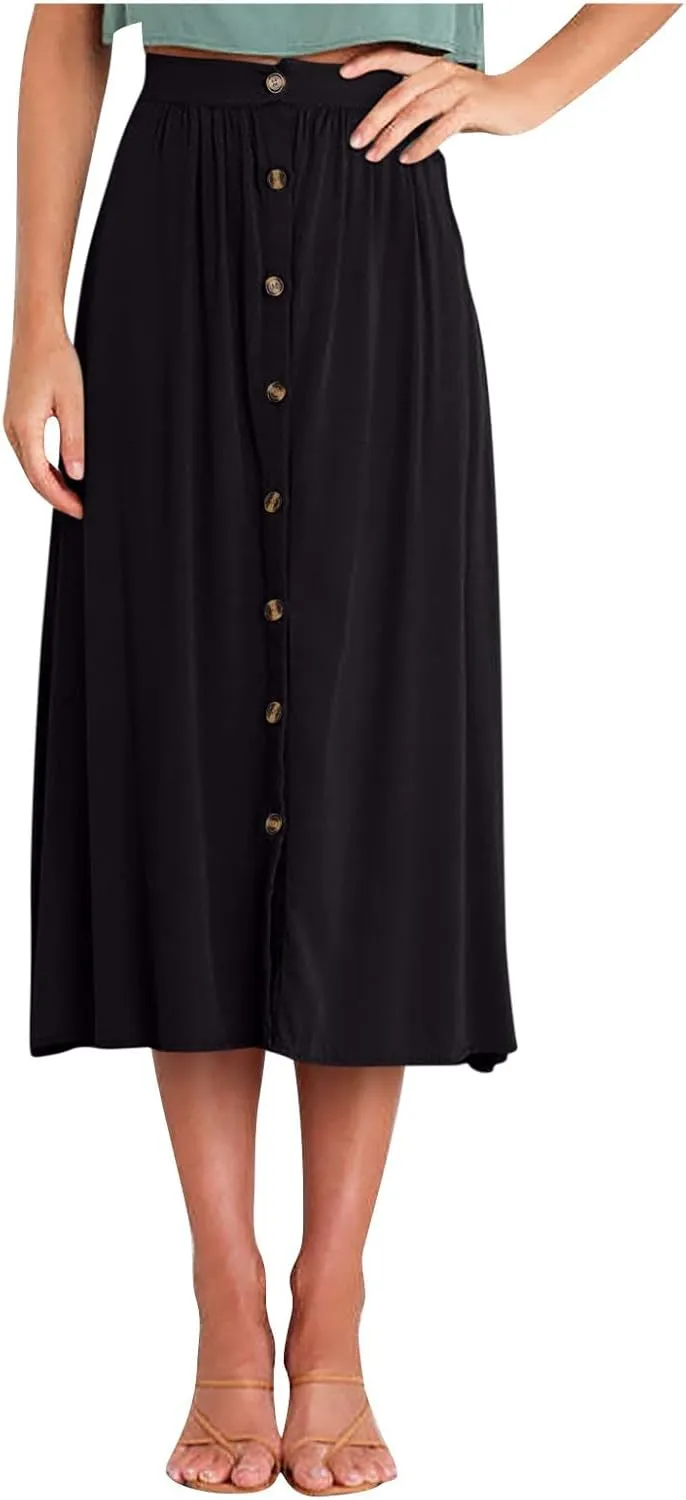Womens Summer Button Maxi Skirt Boho A-Line Flowy Elastic High Waist Beach Long Skirts with Pockets Loose Fit