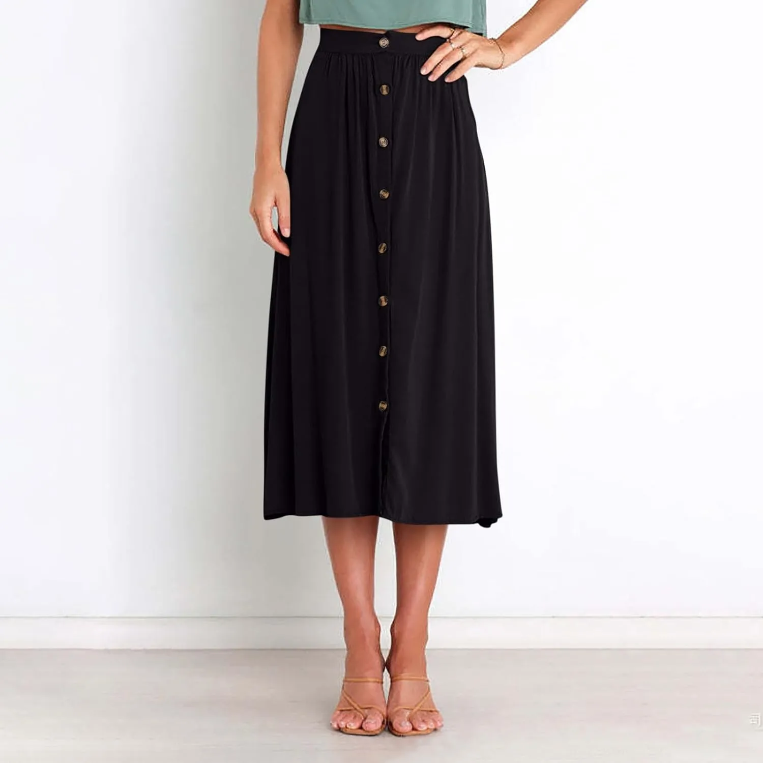 Womens Summer Button Maxi Skirt Boho A-Line Flowy Elastic High Waist Beach Long Skirts with Pockets Loose Fit