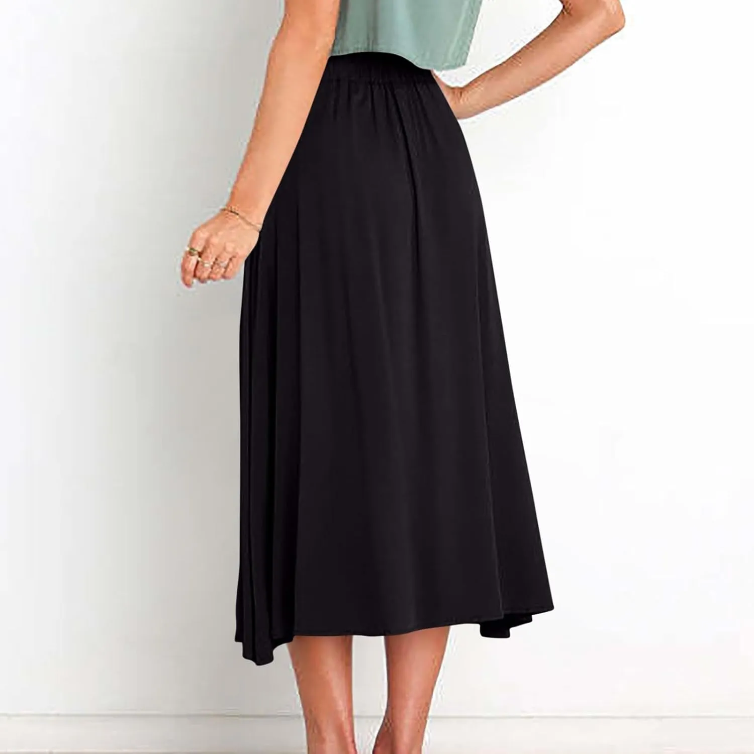 Womens Summer Button Maxi Skirt Boho A-Line Flowy Elastic High Waist Beach Long Skirts with Pockets Loose Fit