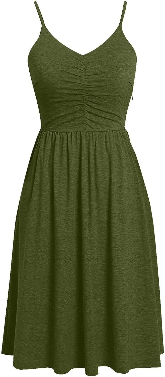 Womens Summer Dress Ruched Flowy Casual Floral Beach Soft Dresses A-Line Spaghetti Strap Midi Sundress