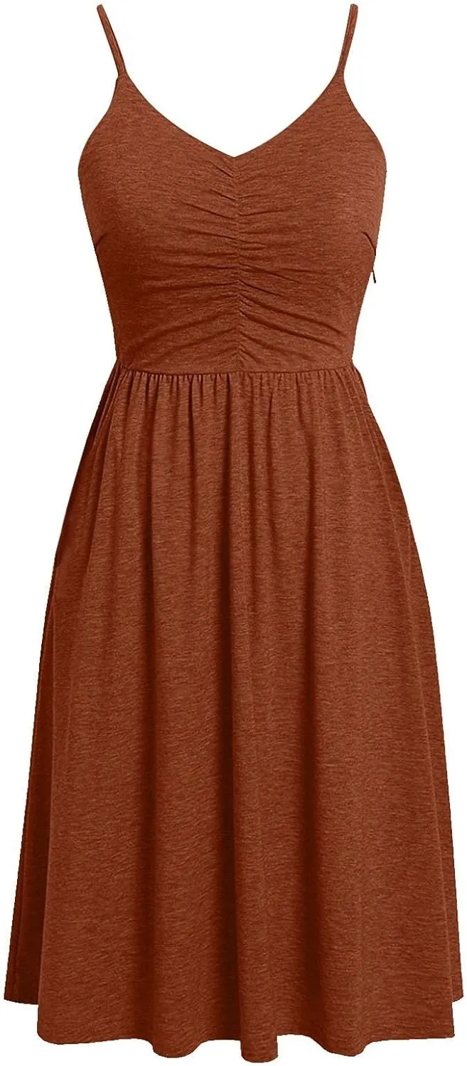 Womens Summer Dress Ruched Flowy Casual Floral Beach Soft Dresses A-Line Spaghetti Strap Midi Sundress