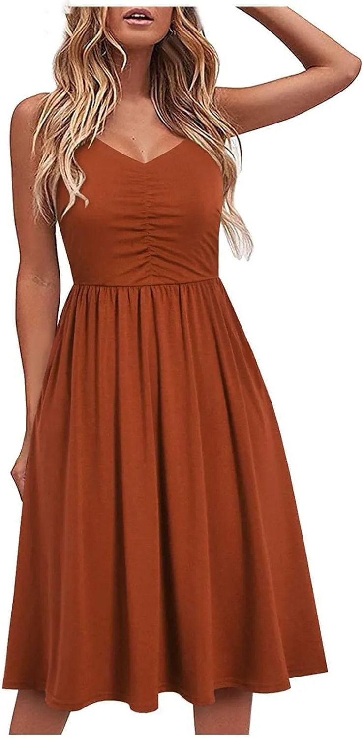 Womens Summer Dress Ruched Flowy Casual Floral Beach Soft Dresses A-Line Spaghetti Strap Midi Sundress