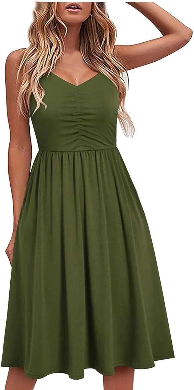 Womens Summer Dress Ruched Flowy Casual Floral Beach Soft Dresses A-Line Spaghetti Strap Midi Sundress