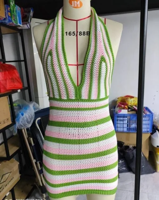 Yeknu Female Beach Knitted Bodycon Dress Chic Women Elegant Lady Backless Sleeveless Bandage Halter Sundress Summer Vacation Clothing