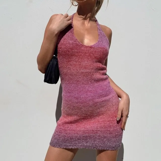 Yeknu Female Beach Knitted Bodycon Dress Chic Women Elegant Lady Backless Sleeveless Bandage Halter Sundress Summer Vacation Clothing