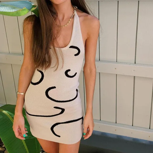 Yeknu Female Beach Knitted Bodycon Dress Chic Women Elegant Lady Backless Sleeveless Bandage Halter Sundress Summer Vacation Clothing