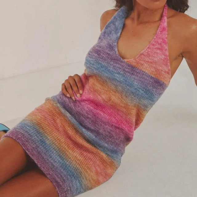 Yeknu Female Beach Knitted Bodycon Dress Chic Women Elegant Lady Backless Sleeveless Bandage Halter Sundress Summer Vacation Clothing