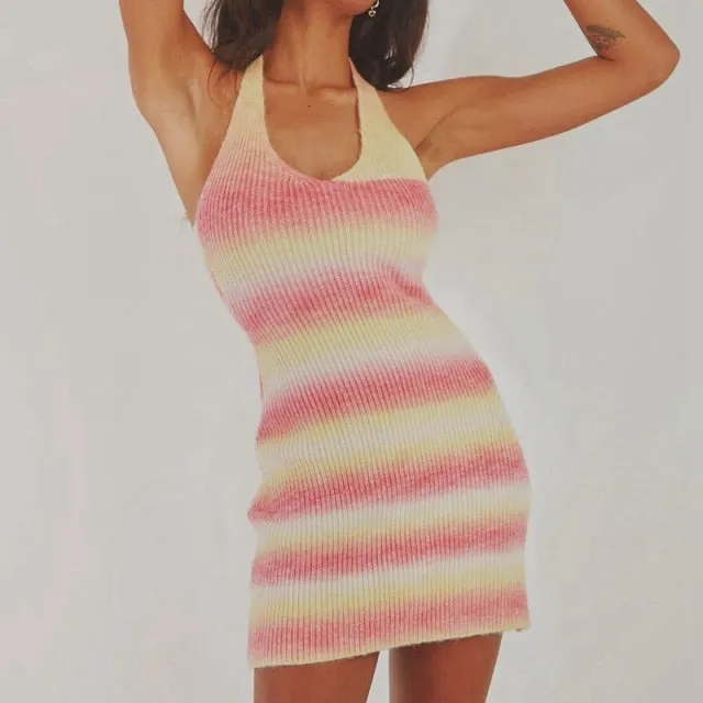 Yeknu Female Beach Knitted Bodycon Dress Chic Women Elegant Lady Backless Sleeveless Bandage Halter Sundress Summer Vacation Clothing