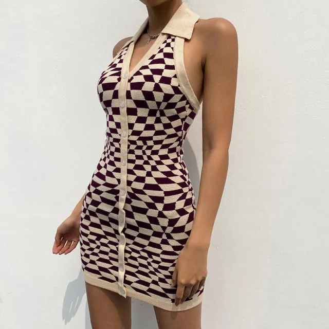 Yeknu Female Beach Knitted Bodycon Dress Chic Women Elegant Lady Backless Sleeveless Bandage Halter Sundress Summer Vacation Clothing